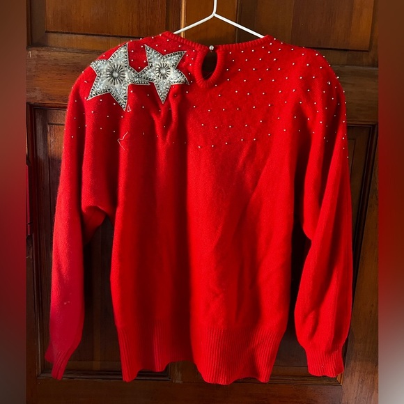 Vintage Caché Red Star Sequin Sweater 80s Lambswool Angora Knit, Beaded Size L - Picture 5 of 8